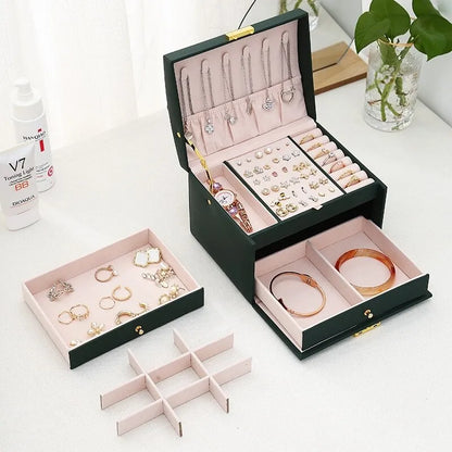 3 Layer Leather Jewelry Box Organizer with Drawers Velvet Lined 17.5cm