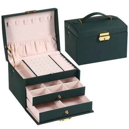 3 Layer Leather Jewelry Box Organizer with Drawers Velvet Lined 17.5cm