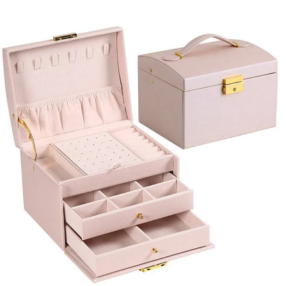 3 Layer Leather Jewelry Box Organizer with Drawers Velvet Lined 17.5cm