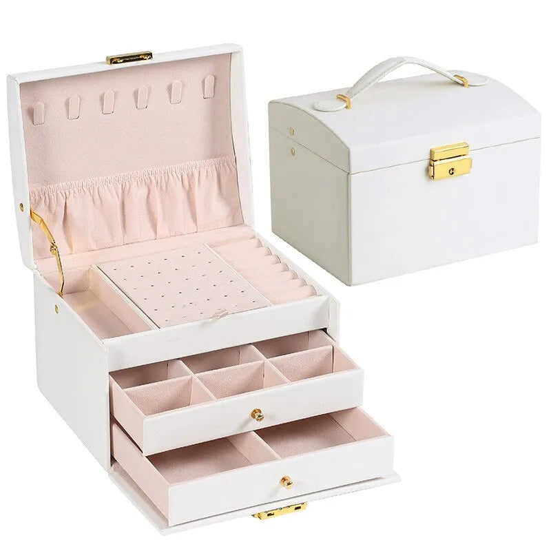 3 Layer Leather Jewelry Box Organizer with Drawers Velvet Lined 17.5cm