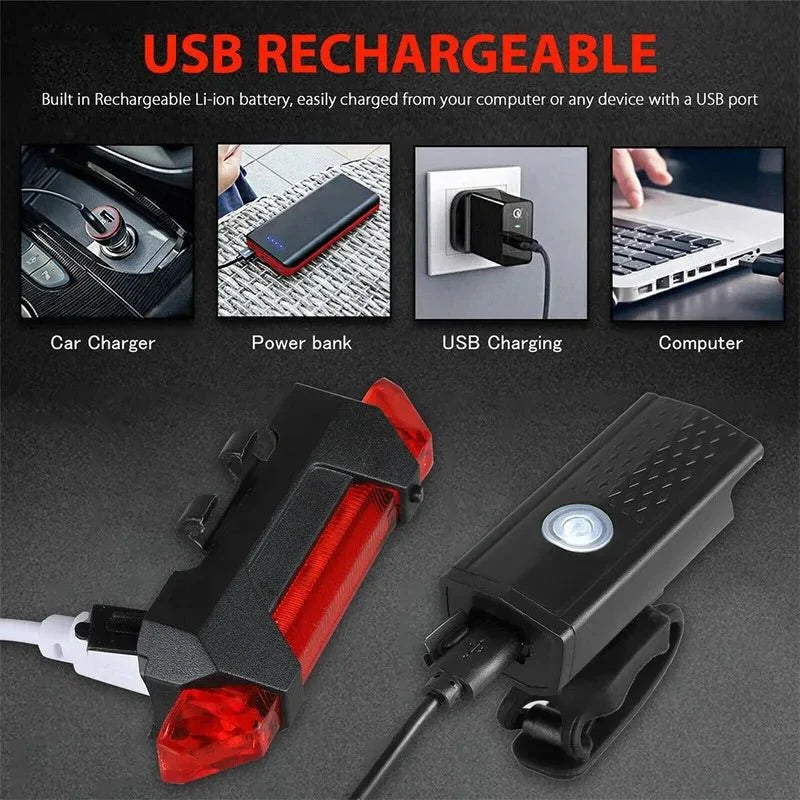 USB Rechargeable Bicycle LED Light Set – Front and Rear Lights for Riding Safety