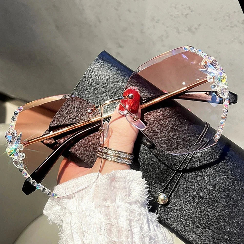 UV Protection Vintage Rimless Rhinestone Sunglasses
