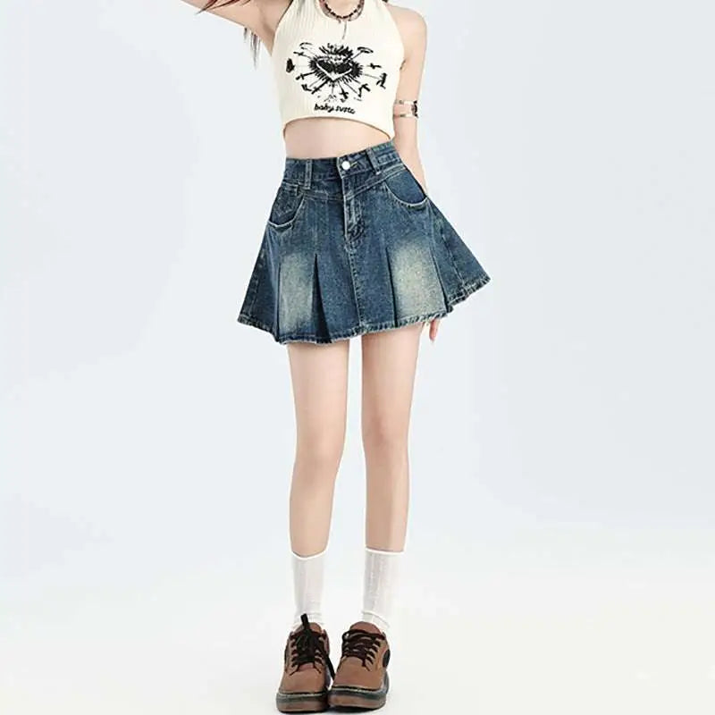 Vintage Denim Skirt High Waist Cream Halter Set