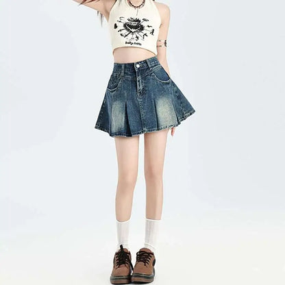 Vintage Denim Skirt High Waist Cream Halter Set