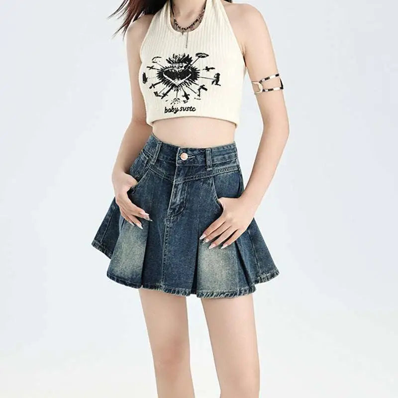 Vintage Denim Skirt High Waist Cream Halter Set