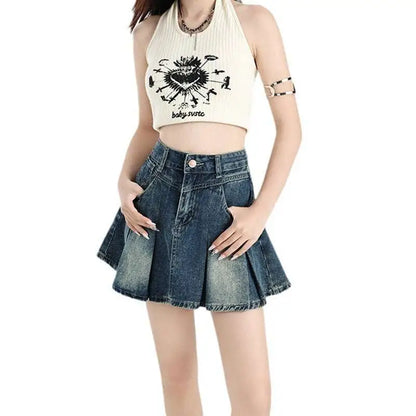 Vintage Denim Skirt High Waist Cream Halter Set