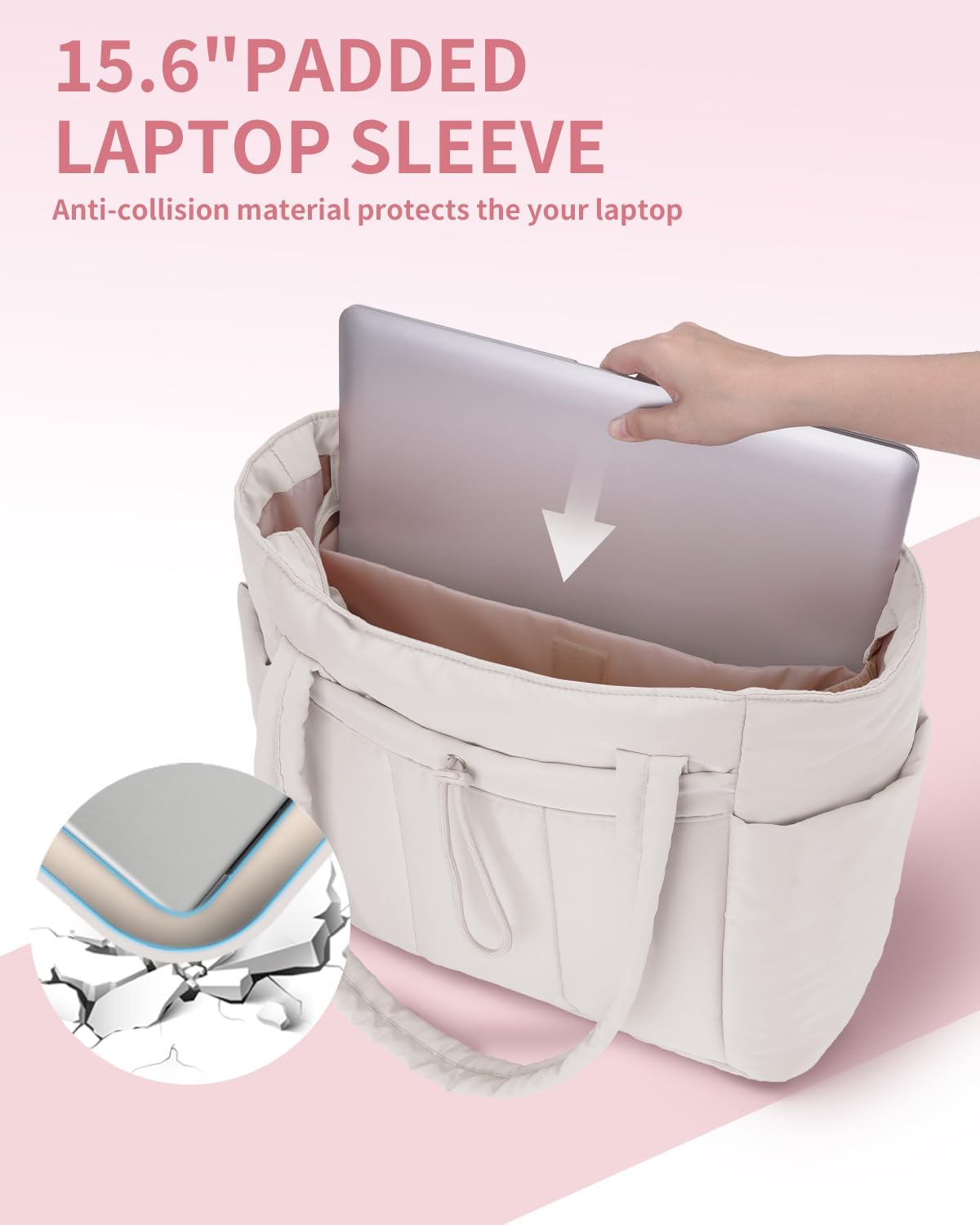 Quilted Puffer Tote Bag with Laptop Sleeve & Cup Holder 20L Travel Work