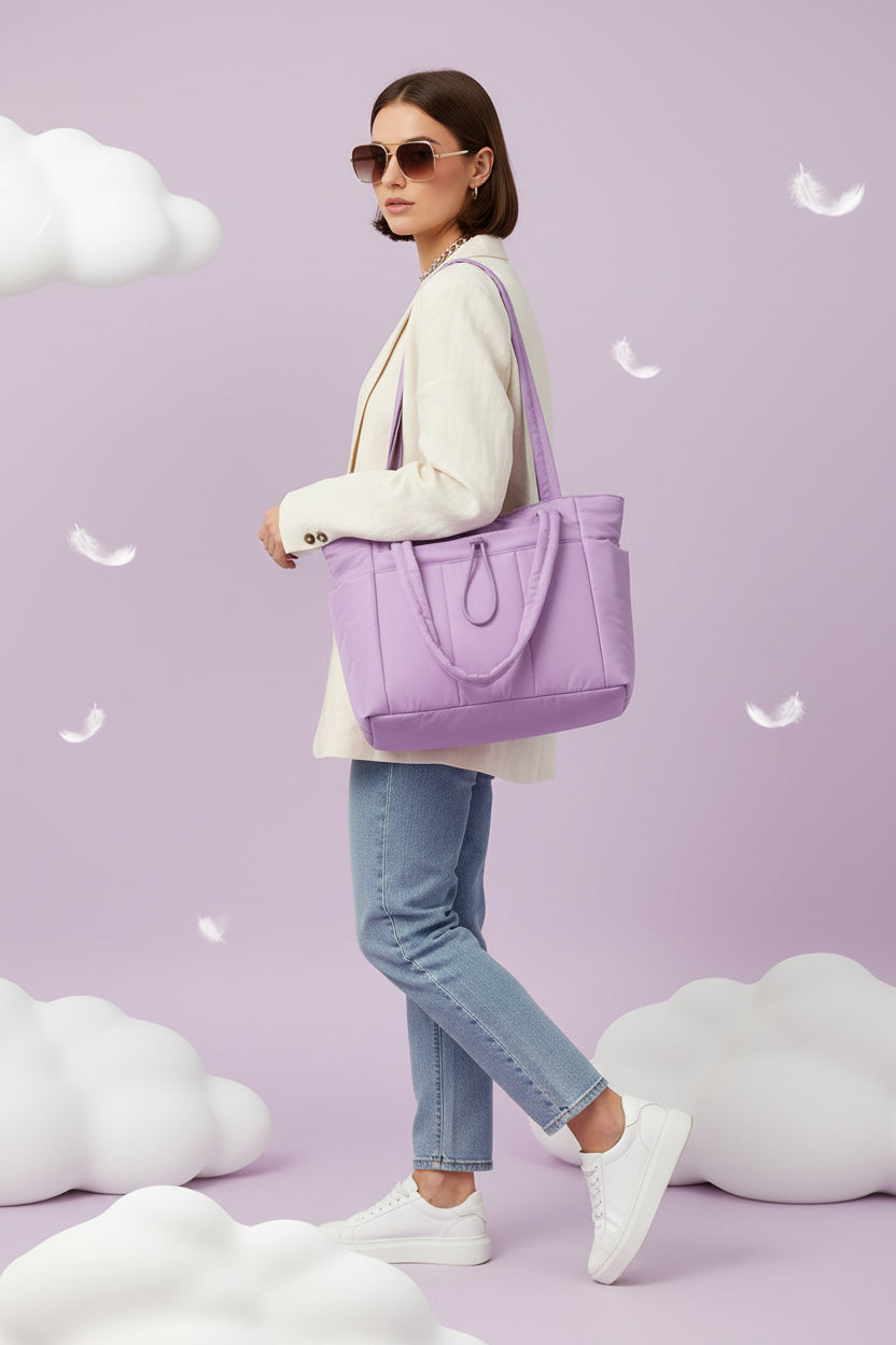 Quilted Puffer Tote Bag with Laptop Sleeve & Cup Holder 20L Travel Work