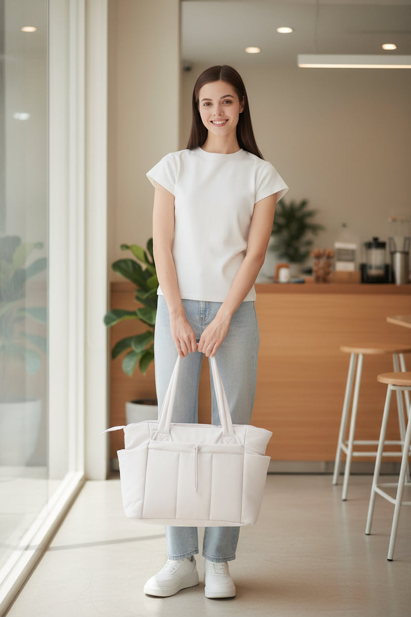 Quilted Puffer Tote Bag with Laptop Sleeve & Cup Holder 20L Travel Work