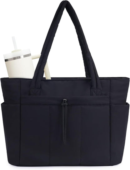 Quilted Puffer Tote Bag with Laptop Sleeve & Cup Holder 20L Travel Work