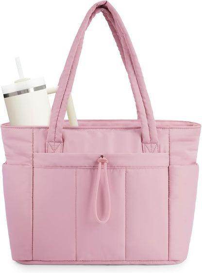 Quilted Puffer Tote Bag with Laptop Sleeve & Cup Holder 20L Travel Work