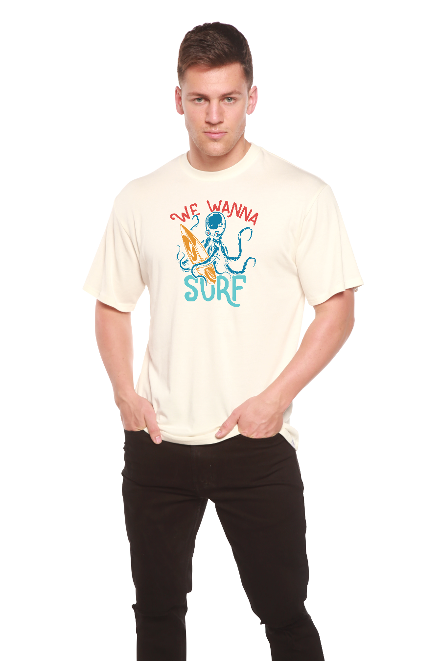 T-shirt graphique à manches courtes pour hommes en bambou/viscose et coton biologique "We Wanna Surf"