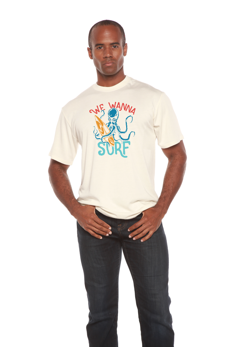 T-shirt graphique à manches courtes pour hommes en bambou/viscose et coton biologique "We Wanna Surf"
