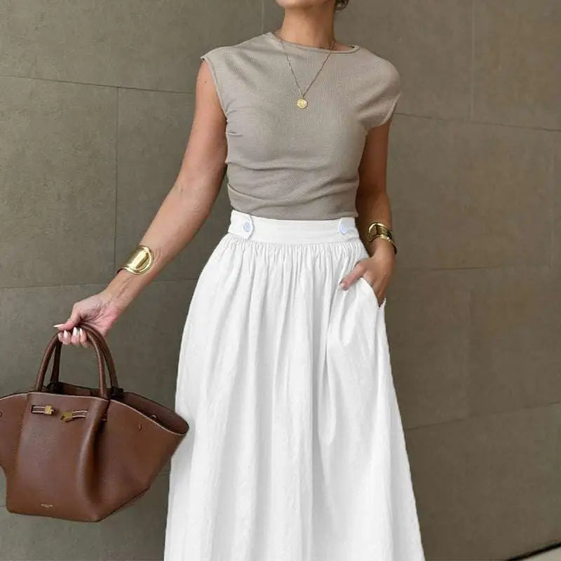 Jupe Midi en Coton et Lin Blanc Amincissante à Grand Ourlet