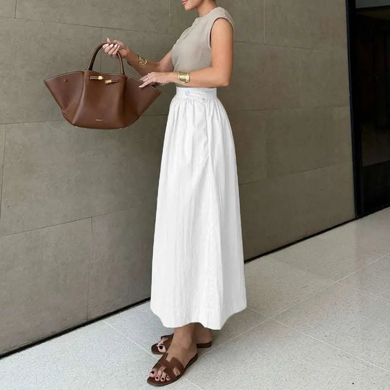 Jupe Midi en Coton et Lin Blanc Amincissante à Grand Ourlet