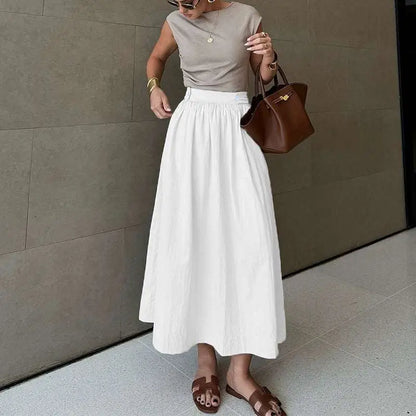 Jupe Midi en Coton et Lin Blanc Amincissante à Grand Ourlet