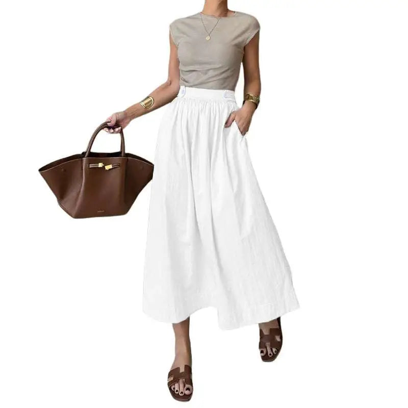 Jupe Midi en Coton et Lin Blanc Amincissante à Grand Ourlet