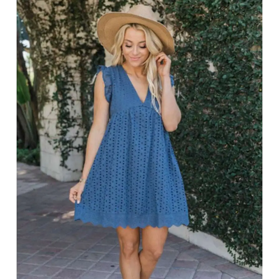 White Eyelet Pocket Summer Sleeveless V-Neck Dress