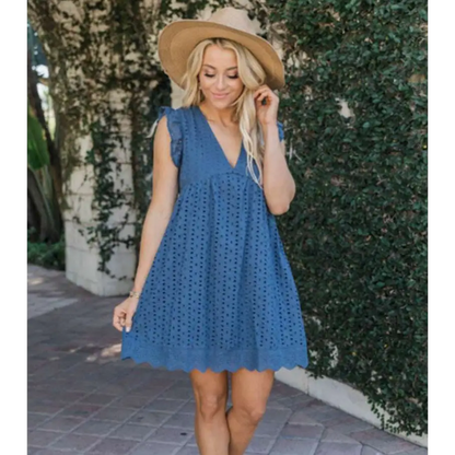 White Eyelet Pocket Summer Sleeveless V-Neck Dress