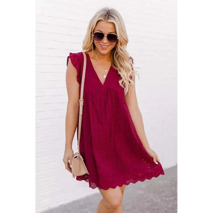 White Eyelet Pocket Summer Sleeveless V-Neck Dress