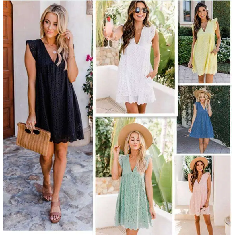 White Eyelet Pocket Summer Sleeveless V-Neck Dress
