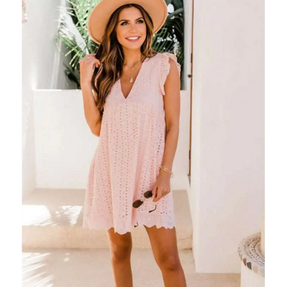 White Eyelet Pocket Summer Sleeveless V-Neck Dress