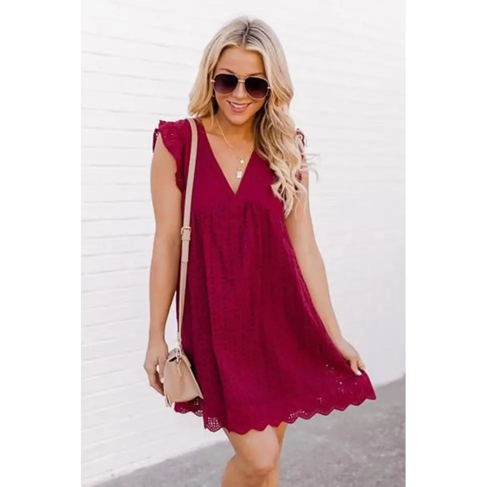 White Eyelet Pocket Summer Sleeveless V-Neck Dress