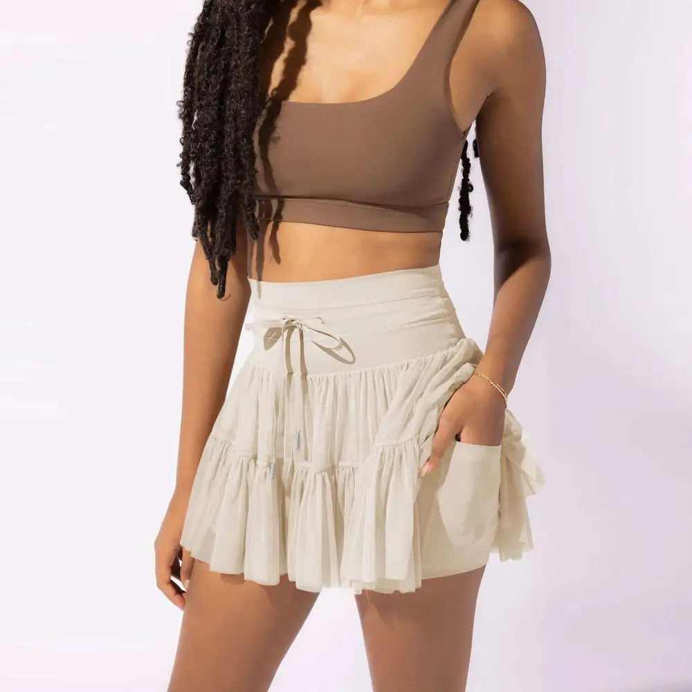 White High Waist Pleated Skirt with Safety Pants