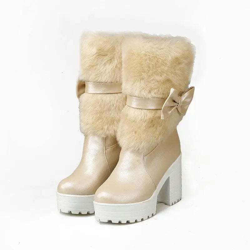 White Platform Sweet Bow Boots with Faux Fur