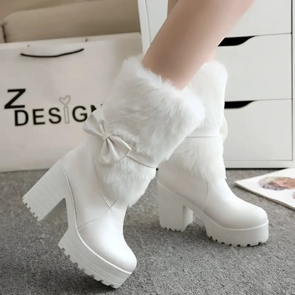 White Platform Sweet Bow Boots with Faux Fur