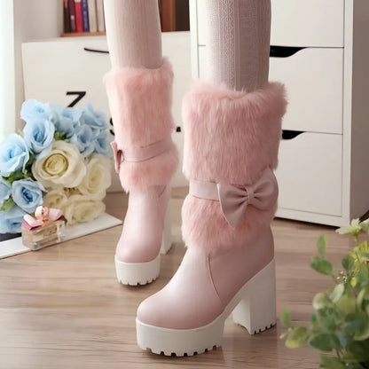 White Platform Sweet Bow Boots with Faux Fur