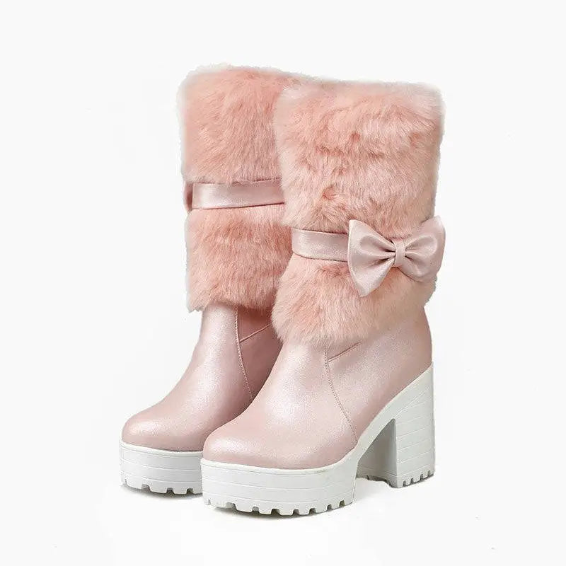 White Platform Sweet Bow Boots with Faux Fur