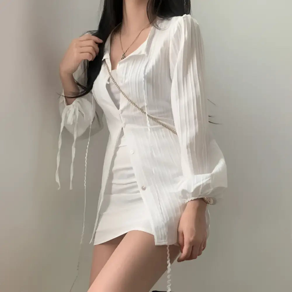 White Ribbed Long Sleeve Shirt Dress with Tie Waist