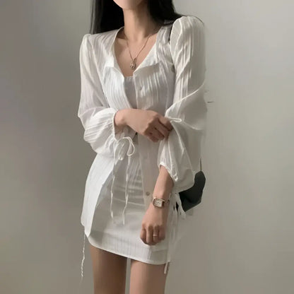 White Ribbed Long Sleeve Shirt Dress with Tie Waist