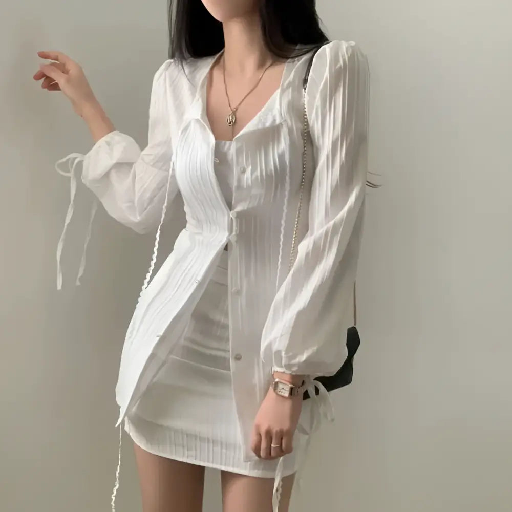 White Ribbed Long Sleeve Shirt Dress with Tie Waist