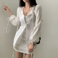 White Ribbed Long Sleeve Shirt Dress with Tie Waist
