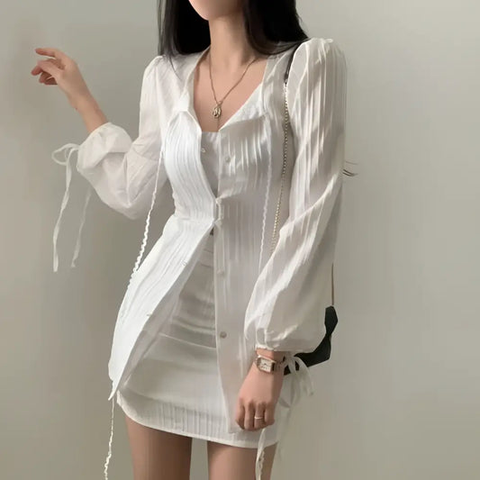 White Ribbed Long Sleeve Shirt Dress with Tie Waist