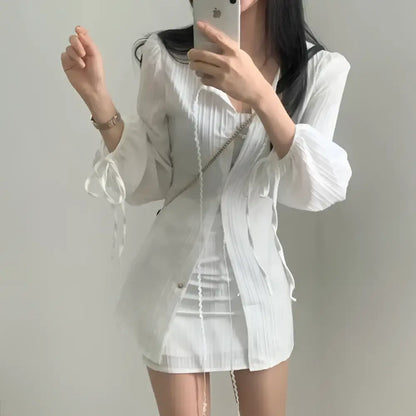 White Ribbed Long Sleeve Shirt Dress with Tie Waist