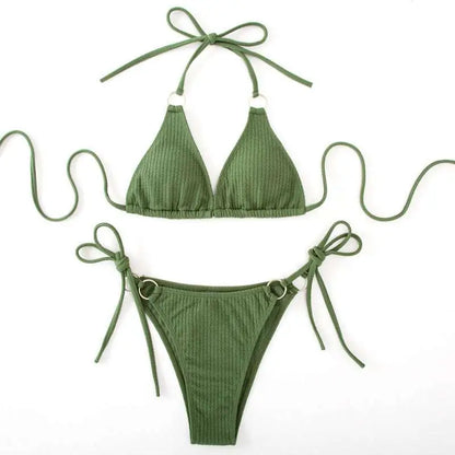 White Ribbed Sexy Bikini Set with Gold Ring Accents