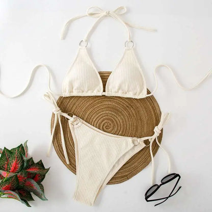 White Ribbed Sexy Bikini Set with Gold Ring Accents