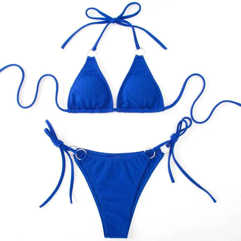 White Ribbed Sexy Bikini Set with Gold Ring Accents
