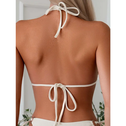 White Ribbed Sexy Bikini Set with Gold Ring Accents