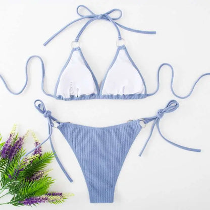 White Ribbed Sexy Bikini Set with Gold Ring Accents