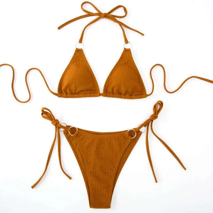 White Ribbed Sexy Bikini Set with Gold Ring Accents