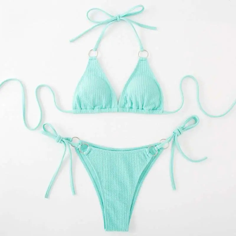 White Ribbed Sexy Bikini Set with Gold Ring Accents