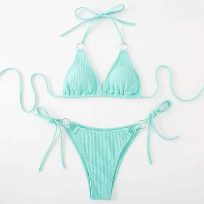 White Ribbed Sexy Bikini Set with Gold Ring Accents