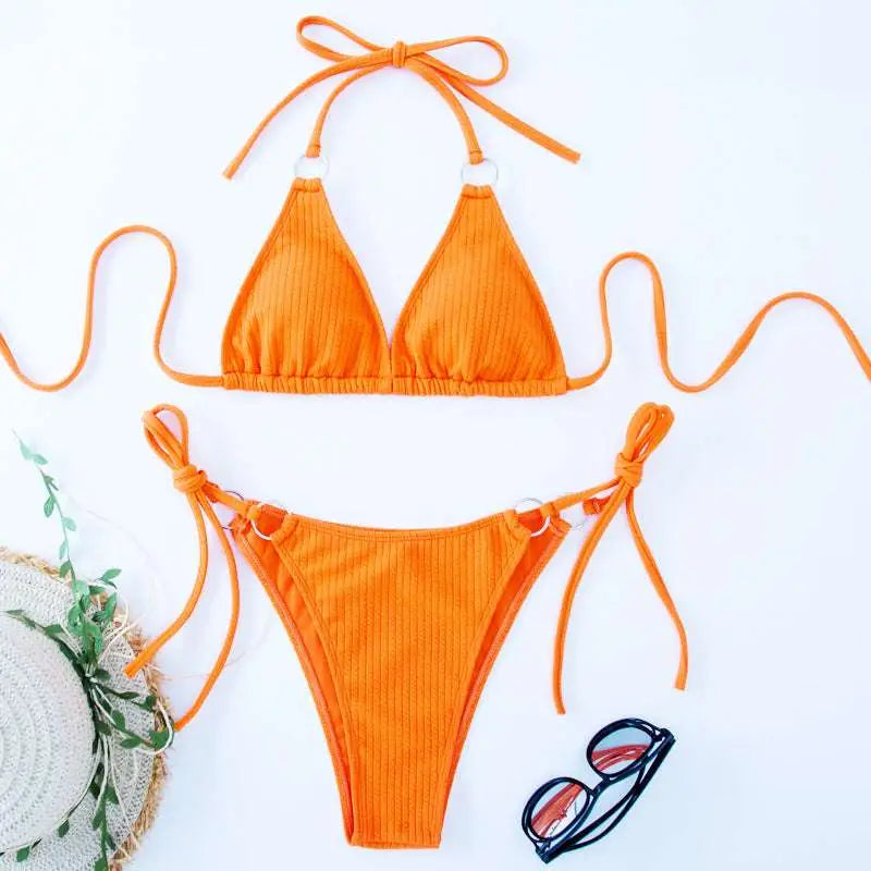 White Ribbed Sexy Bikini Set with Gold Ring Accents