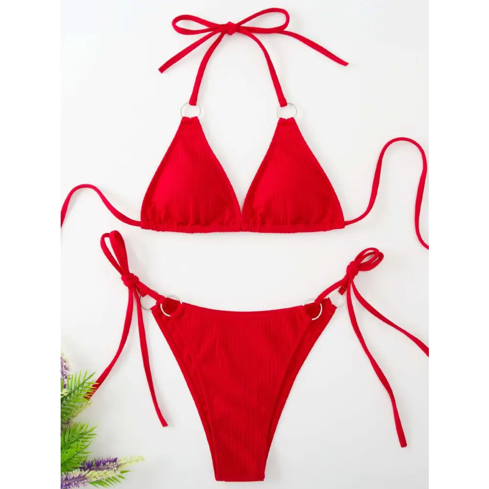 White Ribbed Sexy Bikini Set with Gold Ring Accents