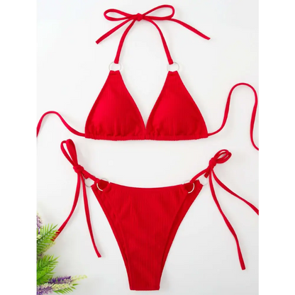 White Ribbed Sexy Bikini Set with Gold Ring Accents