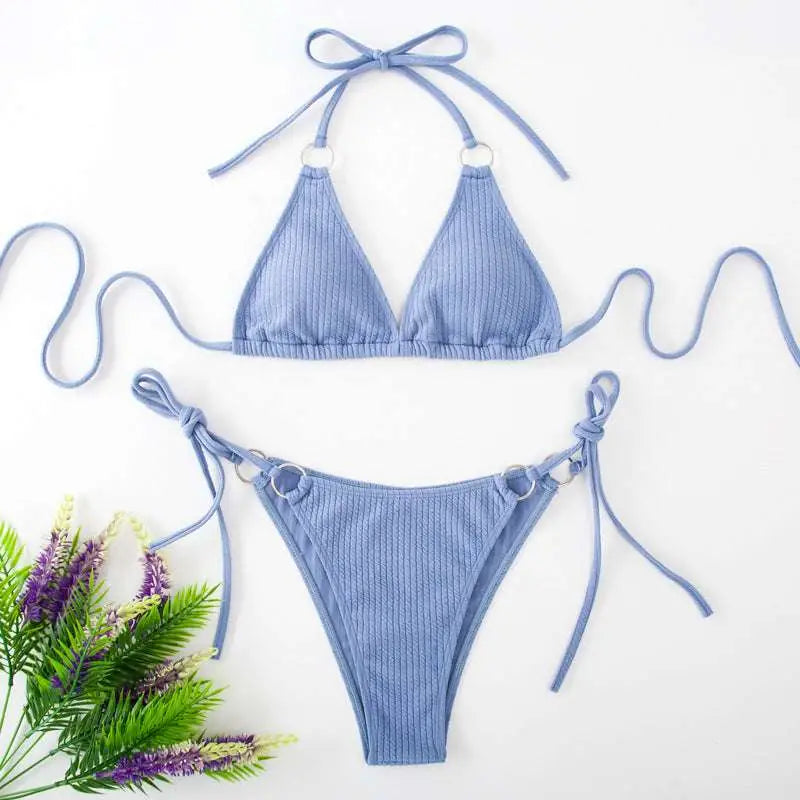 White Ribbed Sexy Bikini Set with Gold Ring Accents